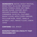 A purple background displays a list of ingredients for a food product, including water, wheat protein, and eggs, along with allergen information about egg and wheat, and a note about soy processing.