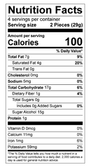 A nutrition facts label displays detailed information about a food product, including serving size, calories, fats, carbohydrates, sugars, protein, and essential vitamins and minerals.