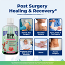 A bottle of DPP Dipeptide Power liquid protein supplement is shown alongside images of patients recovering from various surgeries, highlighting its benefits for post-surgery healing and recovery.