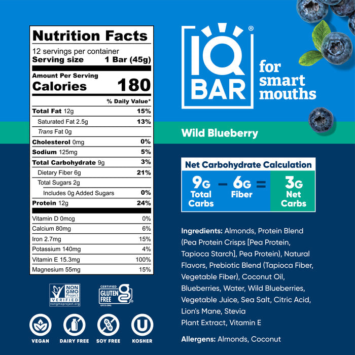 IQBar Vegan and Keto Protein Bars - Wild Blueberry