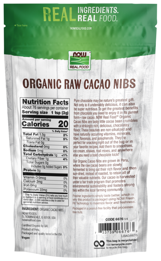 NOW Cacao Nibs, Organic & Raw 8 oz.