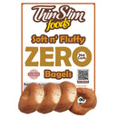 Four bagels are displayed in front of a packaging label that reads "ThinSlim Foods Soft n' Fluffy ZERO Net Carb Bagels," highlighting their low-carb feature.