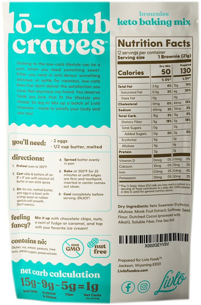 Livlo Keto Brownies Baking Mix 9 oz 