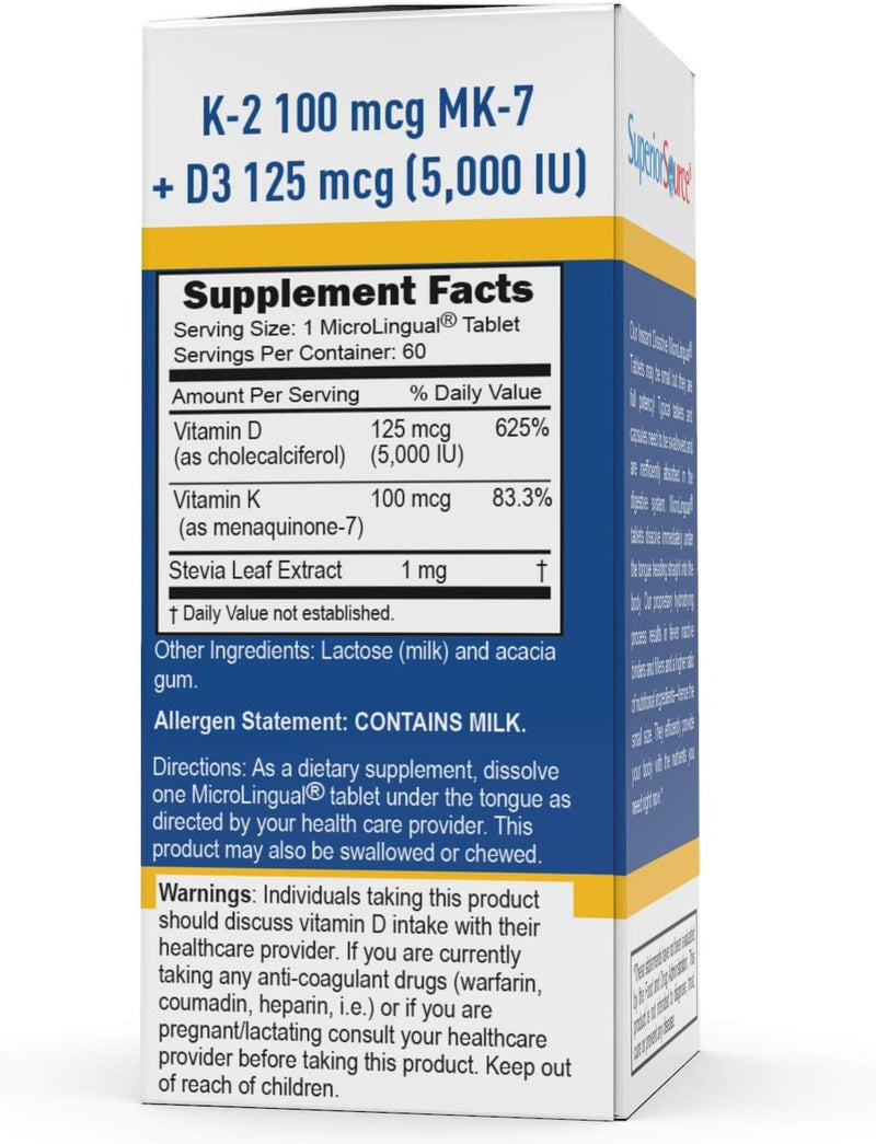 Superior Source Vitamin K2 100 MCG (MK-7) with Vitamin D3 5000 IU MicroLingual® Instant Dissolve Tablets 