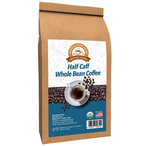 Alex's Low Acid Organic Coffee™ - Half Caff Whole Bean (5lbs)